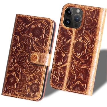 Imagem de RMAWRAD Capa tipo carteira compatível com iPhone 16 Pro Max couro real de 6,9 polegadas, capa à prova de choque, capa flip com compartimento para cartão, marrom escuro