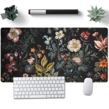 Imagem de Nasdalgias Tapete de mesa floral escuro academia vintage estética floral planta grande mousepad preto estendido mouse pad 2GG laptop computador mouse tapete teclado 81,5 x 15,7 decoração de mesa de