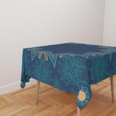 Imagem de Toalha De Mesa Quadrada 4 Lugares Tecido Oxford Mandala Moldura Azul  