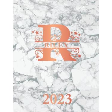 Imagem de Riley 2023: Personalized Name Weekly Planner Diary 2023. Monogram Letter R Notebook Planner. White Marble & Rose Gold Cover. Datebook Calendar Schedule