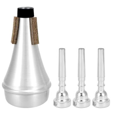 Imagem de QWORK Kit de acessórios para trompete com 3 bocais (7C, 5C, 3C) e silenciador de liga de alumínio para jogadores iniciantes a avançados