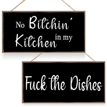 Imagem de Jetec 2 peças placas de cozinha divertidas para pendurar os pratos, placa de arte de parede No Bitchin in My Kitchen, placa de madeira decorativa para decoração de casa, 25 x 12 cm