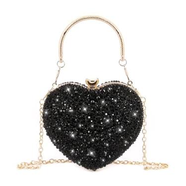 Imagem de Naimo Bolsa feminina de coração com strass para festa de casamento e coquetel, Preto, One Size