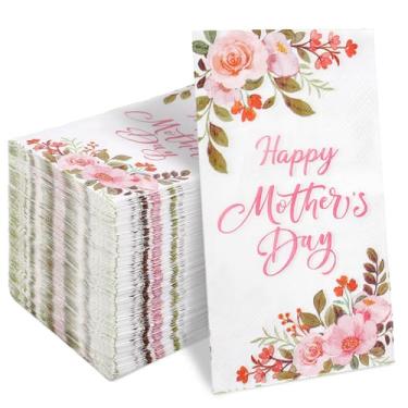 Imagem de FYSUIMU Guardanapo de papel floral, 100 peças, feliz dia das mães, guardanapo de toalha de mão descartável para mesa de festa, decoração de banheiro