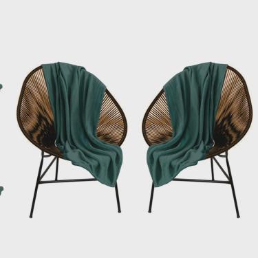Imagem de Kit 02 Cadeiras Poltrona Maldivas Área Externa Fibra Sintética Marrom e Manta Verde - Ahazzo Móveis