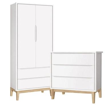 Imagem de Jogo de Quarto Classic Guarda Roupa 2 Portas e Cômoda 3 Gavetas com Pés Madeira Natural - Reller Móveis Branco Fosco