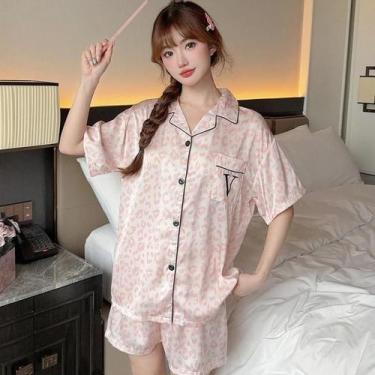 Imagem de Conjunto De Pijama Feminino Fofo De Gato Preto, Seda Simulada, Verão, 