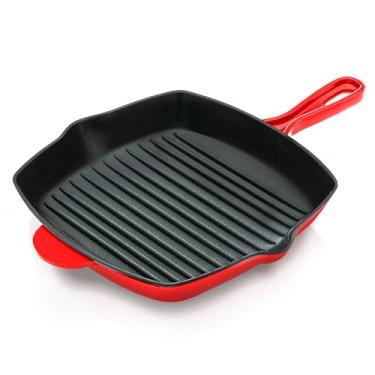 Imagem de NutriChef Frigideira antiaderente de ferro fundido – Frigideira quadrada de cozinha de 28 cm, bife esmaltado com bico lateral de gotejamento para fogão elétrico, indução, gás, preta (NCCIES47.5)