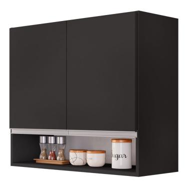 Imagem de Armário Aéreo Multiuso Lux 80cm 100%MDF 02 Portas com Nicho Integrado Preto - Abmaza