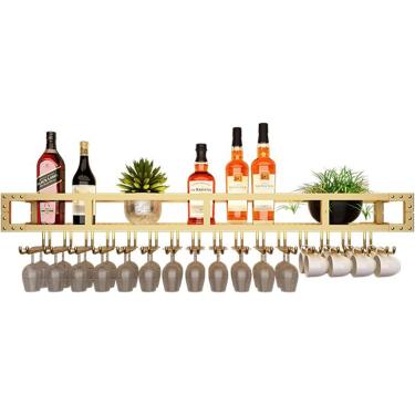 Imagem de Cack de vinho montado na parede com prateleiras de bar de vidro de vidro com porta-vidros pendurados sob prateleira de armário de armazenamento de garrafas de vinhos Planta de exibição de ar