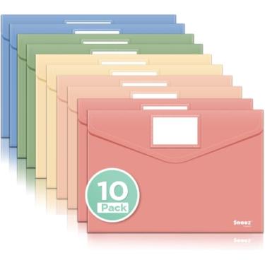 Imagem de Sooez Pacote com 10 envelopes de plástico, pasta de arquivo de plástico, pastas para documentos, cores retrô, suporte de documentos super pesado, bolsas de armazenamento, envelopes de arquivo para