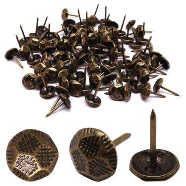Imagem de YuGtcen 100 peças de tachas de estofamento, pregos decorativos tachas de polegar pregos de estofamento de metal para pinos de madeira aderência de móveis vintage (11 x 17 mm, bronze com textura de