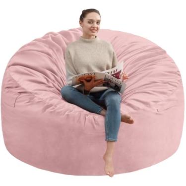 Imagem de SIMFLAG Cadeira de pufe de 1,5 m, poltronas confortáveis com enchimento de espuma de memória, sofá fofo com capa de veludo holandês, cadeiras redondas para sala de estar, sala de jogos - rosa claro