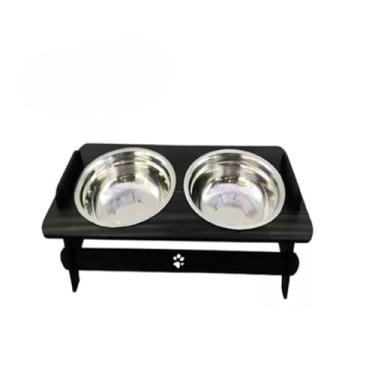 Imagem de Comedouro duplo elevado para animais de estimação com tampa 2 taças em aço inoxidável para cães e gatos (Preto)