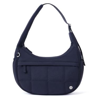 Imagem de POIUGOYA Bolsa de ombro de nylon para mulheres, pequena bolsa crescente acolchoada, bolso com zíper triplo, mini bolsa fofa para viagem/fitness/atividades ao ar livre, Preto, Casual