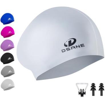 Imagem de Dsane Touca De Natação Feminina Silicone Para Cabelos Longos, Com Design Ergonômico 3D Mulheres, Crianças, Homens, Adultos, Meninos E Meninas, Protetor Auricular Clipe Nasal (Cinza/G)