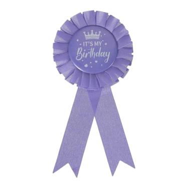Imagem de PATIKIL Fita de aniversário de 15 cm x 7,6 cm, broche de crachá de folha de flandres em tecido It's My Birthday Pin para decoração de festa, acessório de celebração, roxo