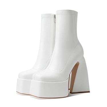 Imagem de Uacllcau Botas de plataforma para mulheres botas de cano médio bico quadrado botas de salto alto grosso com zíper lateral botas de tornozelo, Branco fosco, 9