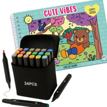 Imagem de KIT Livro Cute Vibes Capa Dura Colorir e 24 Canetas Touch Pontas Dupla