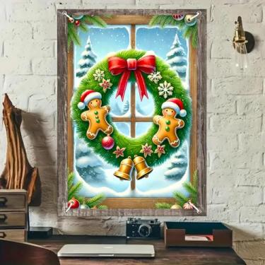 Imagem de BlissYard Faixa de janela de Natal, 78 x 128 cm, tecido de poliéster, guirlanda clássica com pão de gengibre, decoração de janela de Natal, decoração de inverno, janela interna, capa festiva