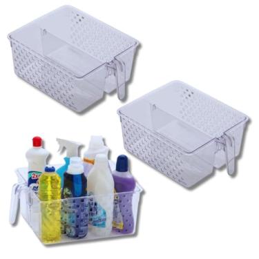 Imagem de Cesto Organizador com Alça para Geladeira Dispensa Banheiro Armário suporte 28cm x 26cm Kit com 2 Unidades