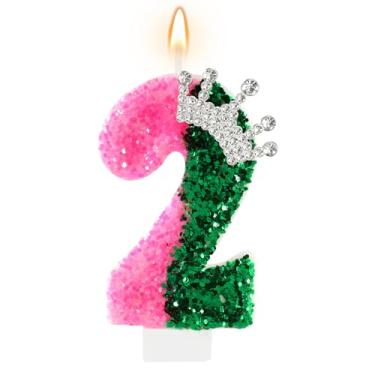 Imagem de AKURIEEY Wicked Birthday Candle Crown Number 2 Candle Pink and Green 2nd Birthday Cake Topper Decorações Wicked Themed Party Decor Anniversary Celebrations Supplies