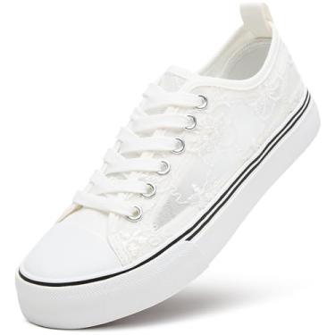 Imagem de ZGR Tênis de verão feminino, casual, respirável, de malha, renda, lona, tênis branco com flores bordadas, Branco, 40