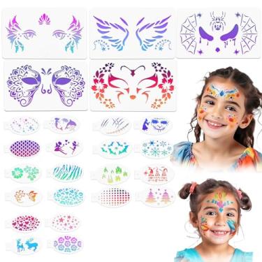 Imagem de 25 Un. Stencils de Pintura Facial e Corporal, Stencils de Plástico Reutilizáveis Pintura Facial com Padrão Oco com Porta-Chaves para Crianças Adultos Maquilhagem para Festas Designs Arte DIY