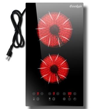 Imagem de Cooksir Fogão elétrico de 2 bocas – topo de fogão elétrico de 2000 W 30 cm embutido e bancada, topo de fogão elétrico portátil de 110 V com trava de segurança, temporizador de 180 minutos, controle de