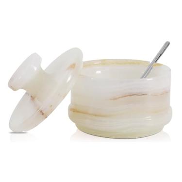 Imagem de Radicaln Saleiro de mármore com tampa, caixa de sal ônix branca de 9 cm, recipiente de temperos e potes de especiarias, suporte de sal de pedra para balcão, pote de especiarias