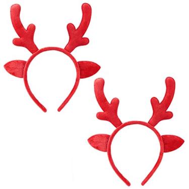 Imagem de Faixa de cabeça de rena de Natal chifres de rena, faixa de cabelo de Natal, faixa de cabeça feminina, orelhas de veado, orelhas de gato, faixa de cabelo, argola, decoração de festa, cosplay, acessórios de cabelo fofos, pacote com 2, Vermelho