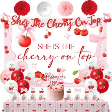Imagem de She's the Cherry on Top Decorações de Festa Banner Glitter Rosa Laço Cereja Pano de Mesa Toalha de Mesa Pompons Coquete Cerejas Cupcake Topo de Bolo Balões para Meninas Mulheres Bebês Suprimentos de