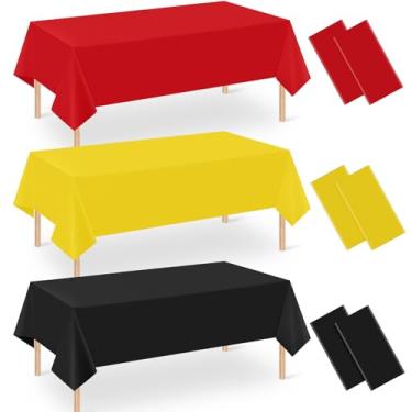 Imagem de 6 toalhas de mesa de plástico vermelhas pretas amarelas a granel, 137 x 272 cm, descartável, retangular, toalha de mesa de festa, capa de mesa à prova d'água para meninos, aniversário, casamento