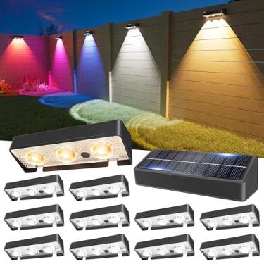 Imagem de JOFIOS Pacote com 12 lâmpadas solares para cercas, branco quente, branco frio e luz solar de LED RGB, luzes de cerca à prova d'água IP65 alimentadas por energia solar para pátio, quintal, trilho, deck