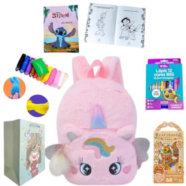 Imagem de Kit Infantil Stitch com Mochila Unicórnio Rosa, Livro de Colorir, Lápis de Cor, Massinha e Adesivos