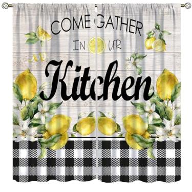 Imagem de AAVEUP Cortinas de frutas de limão para cozinha, rústica, verão, fruta, amarela, floral, folhas de limão, gnomo, madeira, búfalo, xadrez, tratamentos de janela para sala de jantar, quarto, sala de