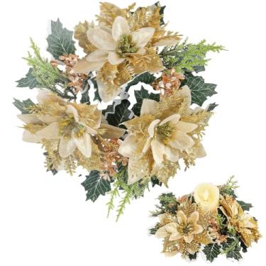 Imagem de Anéis de vela de Natal, guirlanda de ouro artificial, floral, flores, guirlanda com folhas de azevinho, guirlanda de Natal para festa de casamento, festa, banquete, centro de mesa, decorações de mesa