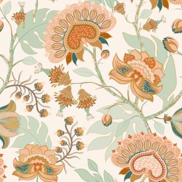 Imagem de VEELIKE Papel de parede vintage Paisley Peel and Stick Papel de parede floral boho para banheiro quarto parede com destaque 40 cm x 395 cm Papel de parede de flor pré-colado removível papel de contato