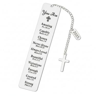 Imagem de TEEMI Marcador de livro de escrituras inspiradoras de aço inoxidável com versículos da Bíblia, presente religioso para mulheres e homens, presentes de Natal de batismo de formatura com caixa de