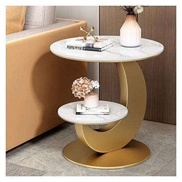 Imagem de Mesa de centro de design simples, mesa lateral redonda com moldura de metal, mesa de cabeceira de destaque com prateleiras de 2 camadas, mesa pequena para sala de estar, quarto, sofá, mesa de centro