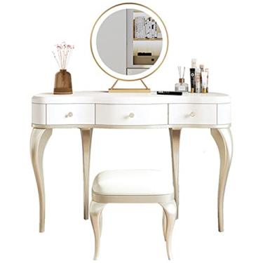 Imagem de hezhuhe2258 Conjunto de penteadeira branco luxuoso com 3 gavetas, penteadeira, mesa de maquiagem simples, armário de armazenamento de quarto, gaveta de madeira, mesa de maquiagem, penteadeira