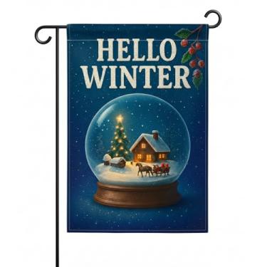 Imagem de FLAGMEUP8386 Bandeira de Natal de boas-vindas de inverno, frente e verso, 30,5 x 45,7 cm, decoração de jardim de férias de poliéster leve com cena aconchegante de globo de neve com estrelas de neve