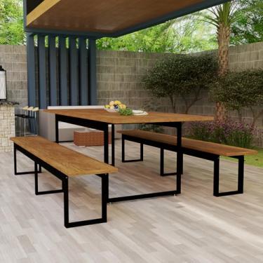 Imagem de Conjunto Mesa e Bancos de Madeira com Estrutura em Ferro Estilo Industrial para Área Externa e Interna (Nature)