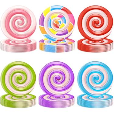 Imagem de 48 peças de decoração de festa Candyland pratos de papel temáticos doces 18 cm colorido pirulito doces pratos de papel descartáveis decorações de pirulito para aniversário chá de bebê doce loja