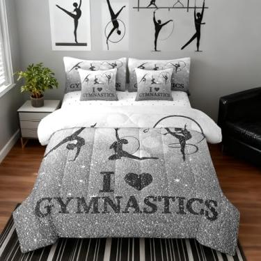 Imagem de Castle Fairy Conjunto de edredom de ginástica, tamanho casal, com estampa de glitter cinza, silhueta de dançarina de ginasta, edredom para todas as estações, lençol de cima e elástico, 2 fronhas, 2