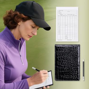 Imagem de Capa para cartão de pontuação de golfe, suporte de pontuação de couro, estatística e rastreamento de pontuação, impermeável, macio, grosso, preto ou cinza, durável (textura preta)