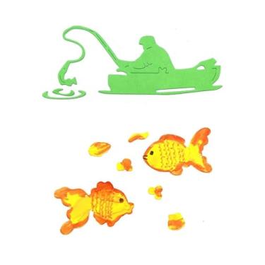Imagem de Matrizes de corte de peixe de pesca de metal para fazer cartões, corte de matriz de pesca de homem dourado para barco, rio, estêncil, ferramenta de gravação de recortes, faça você mesmo, moldes de