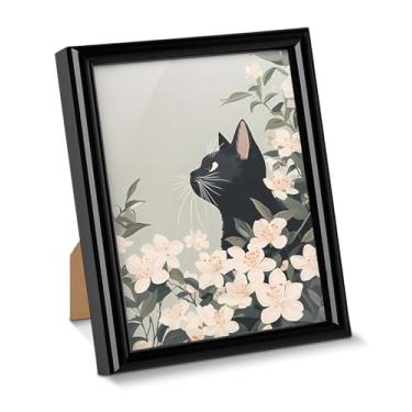 Imagem de Pôster de arte de parede de gato floral flores brancas gatinho imagem para decoração de mesa pintura estética emoldurada para decoração de mesa de parede doméstica 15 x 20 cm, presentes para amantes