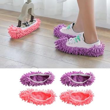 Imagem de 2 pares de chinelos laváveis esfregão poeira espanador microfibra poeira esfregão sapatos chinelos limpeza chão sapatos capa para casa cozinha
