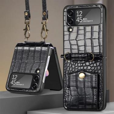 Imagem de Cartões Solt Capa de couro crossbody com cordão para Samsung Galaxy Z Flip 5 4 5G Flip4 Flip5 Capa carteira com suporte padrão, preta, para Galaxy Z Flip 5